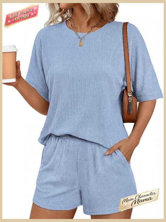 Other - Ribbed Knit Lounge Set Short Sleeve Top with Pocket Shorts Matching Outfit